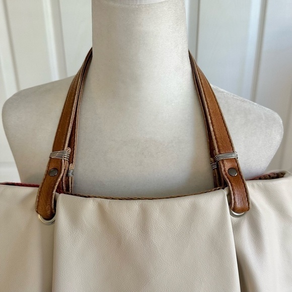 Vintage Handmade Off-white Ivory Leather Boho Tote Bag - Picture 3 of 7
